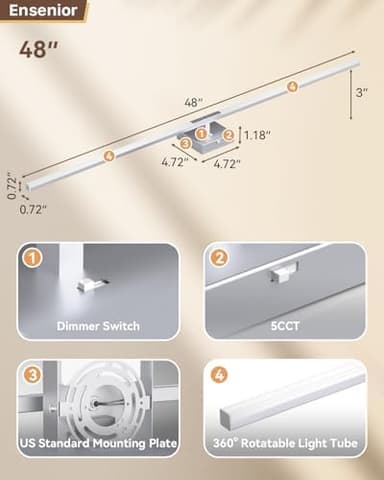 Ensenior Modern Bathroom Vanity Light 48 Inch, Built-in Dimmer, 28W Dimmable 5CCT LED Light Fixture Over Mirror, Baked-on Matte Grey Vanity Lights for Mirror Cabinets Bedroom - FCC & ETL Certificated - Image 8