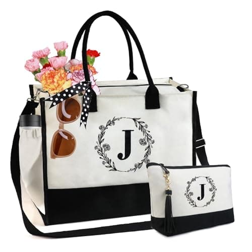 BeeGreen Birthday Gift for Women-Embroidery-Initial J-Personalized-Tote-Bag for Mom, sisters, Friends and Colleagues Gift Bag for Women Unique Gift with Makeup Bag, Large, Natural - Image 1