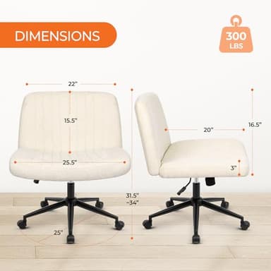 Orange Factory Criss Cross Chair Wheels Wide Cross Legged Office Desk Vanity Dual Base Comfy Fabric Armless Adjustable Swivel for Home Computer Task (Beige) - Image 2