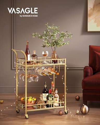 VASAGLE Bar Cart Gold, Home Bar Serving Cart, Wine Cart with 2 Mirrored Shelves, Wine Holders, Glass Holders, for Kitchen, Dining Room, Gold ULRC092A62 - Image 2