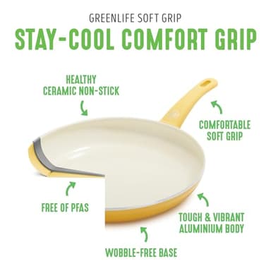GreenLife 16 Piece Nonstick Cookware Set, Soft Grip Non-Toxic PFAS-Free Ceramic Pots & Pans, Dishwasher & Oven Safe, Frying, Sauce, Saute, Utensils, Glass Lids, Stay-Cool Handles, Wobble Free, Yellow - Image 4