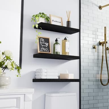 BAYKA Floating Shelves for Wall, Wall Mounted Rustic Wood Shelves for Bathroom, Bedroom, Living Room, Kitchen, Hanging Shelf for Books/Storage/Room Decor with 22lbs Capacity (Black, Set of 3, 15.7in) - Image 2