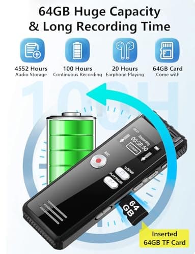 64GB Digital Voice Activated Recorder with Playback - 4552 Hours Audio Recording Device, 3072Kpbs HD Dual MIC Tape Recorder Device for Lecture A-B Repeat, MP3 Player,【64GB TF Card Included】 - Image 3
