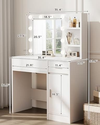 LIVELYGLOW Lighted Makeup Vanity Desk, 35.4“W x 15.7'”D x 54“H, White (with Lights and Mirror, Dimming Function, 2 Drawers and 1 Cabiniet, Open Shelves) by Boahaus - Image 2