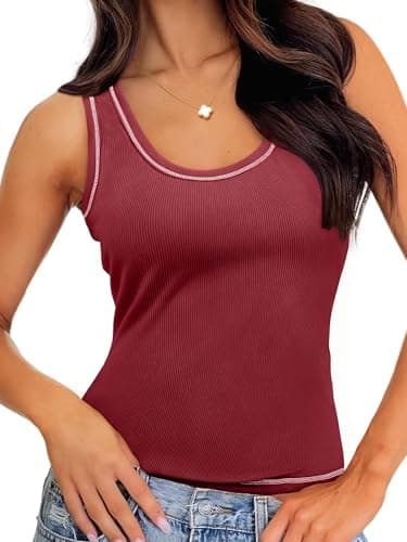 GKBK Women Ribbed Tank Top Sleeveless Casual Crew Neck Long Tank Fitted Strap Slim Basic Cami Tops Wine Red M - Image 1
