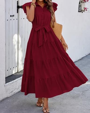 dowerme Women's Summer Casual Dresses 2025 Cap Ruffle Sleeve V Neck Button Belted Tiered Boho Maxi Dress with Pockets(Wine Red,X-Large) - Image 4