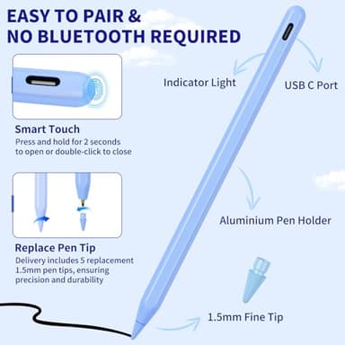 iPad Pencil for 9th & 10th Generation, Fast Charge Stylus Pen for Palm Rejection and Tilt Sensitivity, Compatible with iPad Pro 11/12.9in, Mini 5/6, iPad 6/7/8/9/10, Air 3/4/5 (Blue) - Image 5