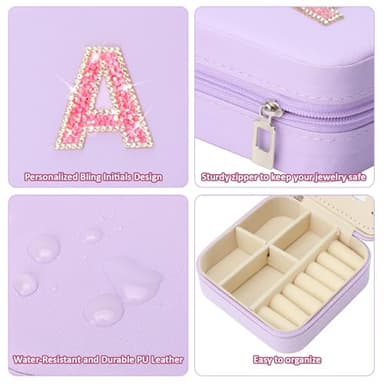 Nuozme Bling Sparkly Initial Jewelry Case,Personalized Gifts for Teen Girls,Kids,Women,Brides, Bridesmaids, Glitter Rhinestone Travel Jewelry Box,Easter Birthday Christmas Gifts, Small Size (Purple A) - Image 3