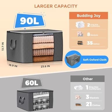 90 L Large Storage Bags, 6 Pack Clothes Storage Bins Foldable Closet Organizers Storage Containers with Reinforced Handle for Clothing, Blanket, Comforters, Bed Sheets, Pillows and Toys (Gray - Image 4