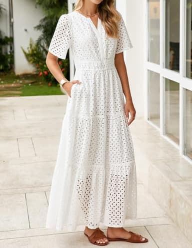 ZESICA Women's 2025 Summer Short Sleeve Maxi Dress Casual V Neck Hollow Out Eyelet Ruffle Swing A Line Long Dresses,White,Medium - Image 7