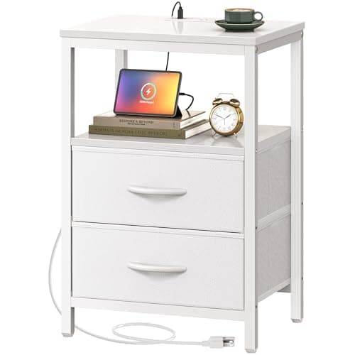 Huuger Nightstand with Charging Station, Side Table with 2 Fabric Drawers, End Table with Open Shelf, Bedside Table with USB-C Port and Outlets, Night Stand, PU Leather, White - Image 1