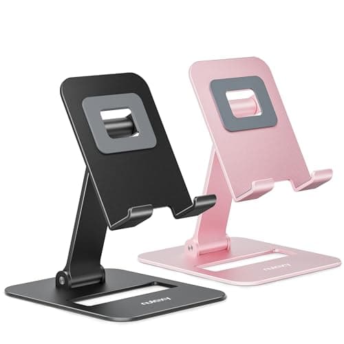 Nulaxy 2 Pack Dual Folding Cell Phone Stand, Fully Adjustable Phone Holder for Desk, Compatible with iPhone 17 16 15 14 13 12 11, Nintendo Switch, All Phones, Black & Rose Gold - Image 1