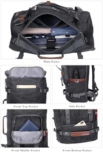 WITZMAN Canvas Backpack Vintage Travel Backpack Large Laptop Bags Convertible Shoulder Rucksack(A519-1 Black - Image 5