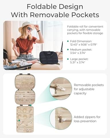 BAGSMART Travel Jewelry Case, Hanging Jewelry Organizer with Zipper Pockets, Large Capacity Puffy Jewelry Roll for Earrings, Necklaces, Rings on Closet, Wall, Door, Portable Travel Essentials, Pink - Image 6