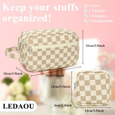 LEDAOU 2Pcs Travel Makeup Bag Cosmetic Bag Small Corduroy Makeup Pouch with Zipper Cute Travel Toiletry Essentials for Women Teen Girls (Brown Checkerboard) - Image 2