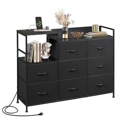 WLIVE Black TV Stand with Charging Station, Entertainment Center with 8 Fabric Drawer, TV Media Console Table Open Storage Shelves, Wood Top for Living Room, Hallway - Image 8