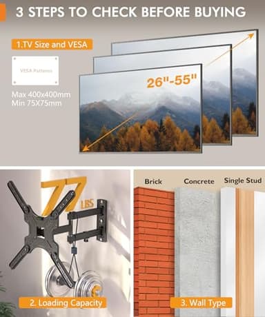 Full Motion TV Wall Mount for Most 26-55 Inch TVs, Corner Wall Mount TV Bracket with Tilt Swivel and Articulating, Single Stud Center Design Fits Flat/Curved TVs, Max VESA 400x400mm Up to 77 lbs - Image 6