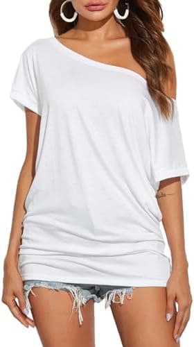 Poetsky Women's Summer Off Shoulder Shirts Casual Loose Short Sleeve Tunics Tops - Image 6