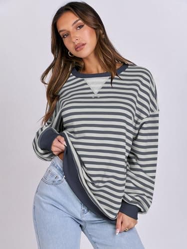 ANRABESS Women Striped Sweatshirts Oversized Crewneck Long Sleeve Shirts Y2K Pullover Top 2025 Fall Outfits Fashion Clothes Grey Blue X-Large - Image 3