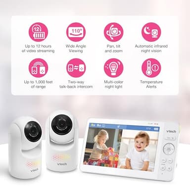 VTech Advanced HQ Max Twin 7" Digital Video 2-Cameras Baby Monitor with Pan Tilt Zoom, Long Battery Life 5000mAh, IPS Screen, Adaptive Multi-Color Night Light, 2-Way Talk, HQ Display, No WiFi, White - Image 2