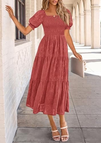 PRETTYGARDEN Women's 2025 Summer Casual Midi Dresses Square Neck Short Sleeve Smocked A Line Floral Flowy Elegant Boho Dress (Bean Paste Red,Medium) - Image 3