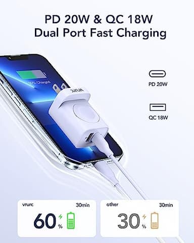 VRURC Charger for Apple Watch, USB C Wall Charging Block for iPhone, 20W Fast Charging,Foldable Plug Travel Essential Charger for iWatch Ultra/SE/10/9/8/7/6/5/4/3/,iPhone 16 15 14 13,Android-Purple - Image 2