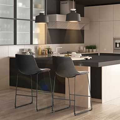 Bar Stools Set of 2, Counter Height Bar Stools with Back, 26 inch Armless Industrial Faux Leather Barstools with Metal Legs and Footrest, Modern Dining Chairs for Home Kitchen Island, Black - Image 8