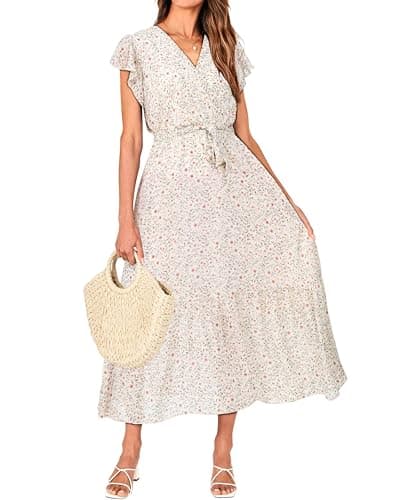 BTFBM Women Summer Bohemian Floral Casual Wrap V Neck Ruffle Cap Sleeveless Belt A-Line Pleated Hem Swing Midi Sun Dress (Floral Apricot, X-Large) - Image 1
