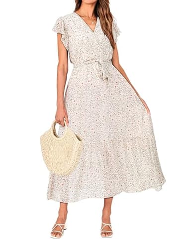 BTFBM Women Summer Bohemian Floral Casual Wrap V Neck Ruffle Cap Sleeveless Belt A-Line Pleated Hem Swing Midi Sun Dress (Floral Apricot, X-Large) - Image 1