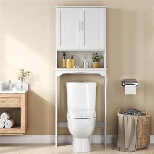 Yaheetech Over The Toilet Cabinet, Double Door Bathroom Storage Organizer, Toilet Rack with Inner Adjustable Shelf and Open Storage Shelf, White - Image 1