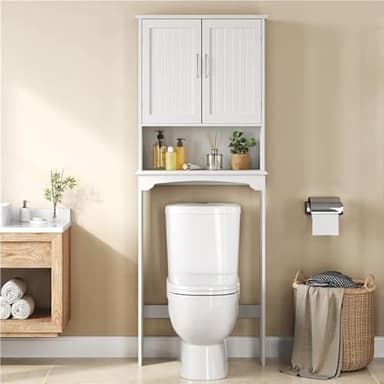 Yaheetech Over The Toilet Cabinet, Double Door Bathroom Storage Organizer, Toilet Rack with Inner Adjustable Shelf and Open Storage Shelf, White - Image 1