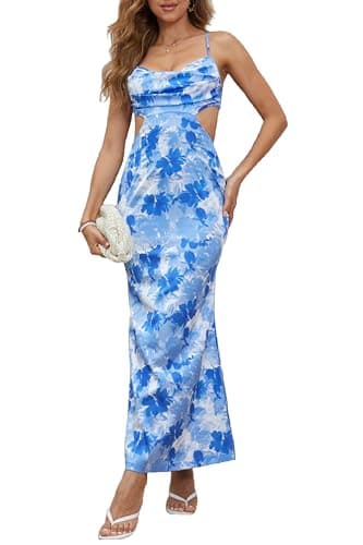 Milumia Women's Floral Cut Out Backless Maxi Dress Ruched Sleeveless Long Cocktail Party Dresses Ultra Marine Blue X-Large - Image 1