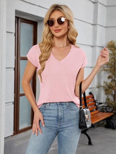 YOKGO Womens Summer Tops Short Sleeve Shirts V Neck Basic Tees Cap Sleeve T Shirts Casual Trendy Spring Fashion Clothes 2025 Light Pink - Image 5