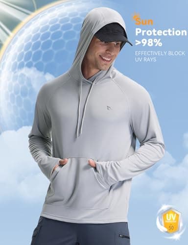baleaf Swim Shirts Men Rash Guard Long Sleeve Sun Protection Hoodie UV Lightweight Athletic Running with Kangaroo Pocket Light Gray L - Image 6
