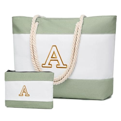 Becokan Initial Beach Bag Waterproof Canvas Beach Tote Bag Zipper Personalized Gifts for Women Her Birthday Travel Essentials (A, Light Green 2 pcs) - Image 1