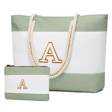 Becokan Initial Beach Bag Waterproof Canvas Beach Tote Bag Zipper Personalized Gifts for Women Her Birthday Travel Essentials (A, Light Green 2 pcs) - Image 1