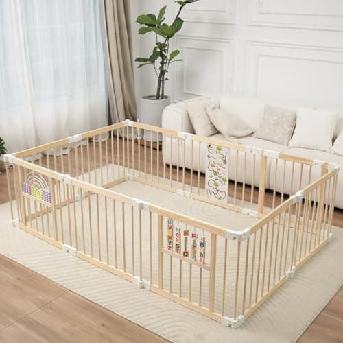 Foldable Wooden Baby Playpen Activity Center,Adjustable Size & Shape Portable Play Yard, Baby Fence Play Area with Gate for Indoor Use for Babies and Toddlers(82x55x24inches) - Image 1