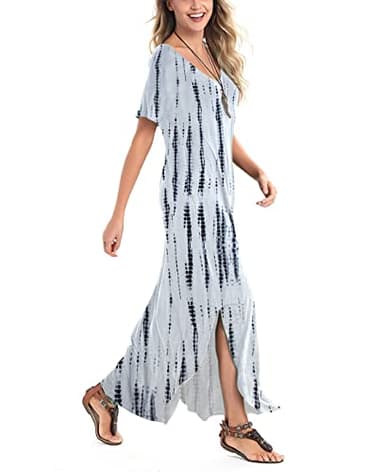 Arolina Women's Summer Maxi Dress Short Sleeve V Neck Casual Loose Long Beach Split Dresses with Pockets - Image 3