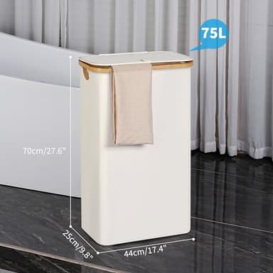 efluky Slim Laundry Basket with Lid, Narrow Laundry Hamper with Removable Bag, Skinny Dirty Clothes Basket with Bamboo Handles for Bathroom, Bedroom & Laundry Room, 75L Beige - Image 5