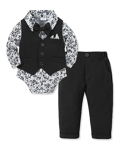 YALLET Baby Boy Clothes Suit 0-24 Months Infant Gentleman Outfits Formal Dress Shirt+Bowtie+Vest+Pants Set Baby Wedding Suits Black - Image 1
