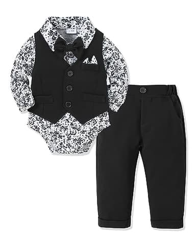 YALLET Baby Boy Clothes Suit 0-24 Months Infant Gentleman Outfits Formal Dress Shirt+Bowtie+Vest+Pants Set Baby Wedding Suits Black - Image 1