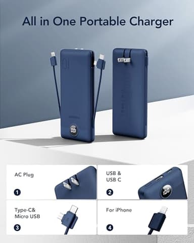 VEGER Portable Charger with Built-in AC Plug and Cables, All in One 10000mAh Ultra-Slim Power Bank, 15W Fast Charging for iPhone, Samsung, Android, Travel Essential (Navy) - Image 2