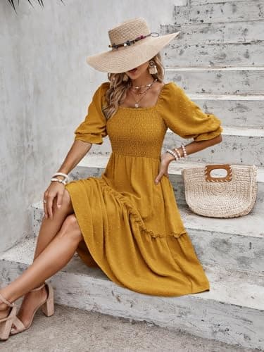 PRETTYGARDEN Women's Summer Casual Midi Dresses 2025 Spring Puff Sleeve Square Neck Smocked A-line Flowy Swiss Dot Beach Vacation Dress (Turmeric,S) - Image 6