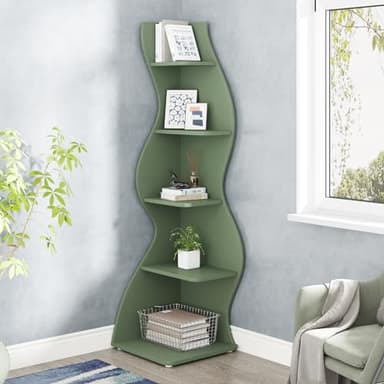 Tribesigns Corner Shelf, Modern 5-Tier Wall Corner Bookshelf, Stylish Corner Small Bookcase Storage Rack Plant Stand with Unique Shape for Living Room, Home Office (Sage Green, 1PC) - Image 2