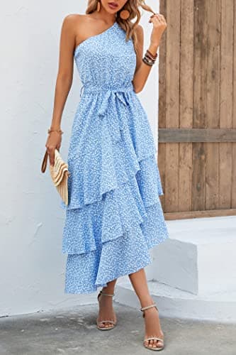 PRETTYGARDEN Women's Summer Floral Sundress Casual One Shoulder Tiered Ruffle Flowy Midi Beach Boho Dresses (Floral Light Blue,X-Large) - Image 2