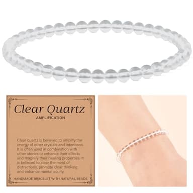 QOGIR Clear Quartz Bracelet - Amplification Bracelet for Women Men - Handmade Natural Gem Stone Beaded Stretch Elastic Healing Bracelets 4mm - Image 2