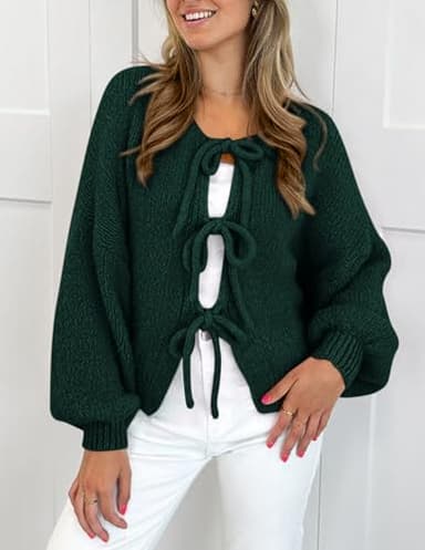 PRETTYGARDEN Women's Tie Front Bow Cardigan Sweaters Chunky Knit Long Puff Sleeve Trendy Fall Winter Jacket Coats (Dark Green,Medium) - Image 3