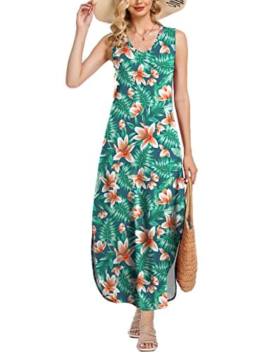 HUSKARY Floral Dress for Women Casual Loose Beach Dress Sleeveless Side Slit Maxi Dress with Pockets Green Flowers Small - Image 2