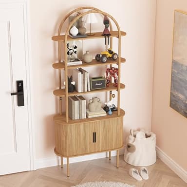 71" Tall Fluted Arched Bookshelf with Sliding Tambour Doors, Mid Century Modern Metal Curved Bookshelf Cabinet with Storage, 4-Tier Open Display Storage Shelf for Home Office, Living Room (Natural) - Image 5