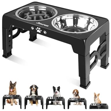 Jovrun Elevated Dog Bowls, Dog Feeder with Stainless Steel Dishes & Slow Feeder Bowl, 5 Heights Adjustable Raised Stand for Medium Large, Food Dishes with Non-Slip Feet - Image 1